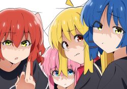 Rule 34 | 4girls, ahoge, alternate costume, blonde hair, blue eyes, blue hair, bocchi the rock!, commentary request, detached ahoge, gotoh hitori, green eyes, highres, ijichi nijika, kessoku band, kessoku band logo, kessoku band t-shirt, kita ikuyo, long hair, medium hair, middle finger, mole, mole under eye, multiple girls, official alternate costume, pink hair, red eyes, red hair, sakura 1110ssmm, side ponytail, yamada ryo, yellow eyes