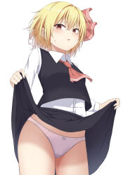 1girl absurdres ascot black_skirt black_vest blonde_hair blush clothes_lift collared_shirt commentary cowboy_shot crossed_bangs embarrassed eyelashes eyes_visible_through_hair from_below furrowed_brow hair_between_eyes hair_ribbon highres lifting_own_clothes long_sleeves looking_at_viewer open_mouth panties red_ascot red_eyes red_ribbon ribbon rumia shirt short_hair simple_background skirt skirt_lift solo sweatdrop szl touhou tsurime underwear upskirt vest white_background white_panties white_shirt