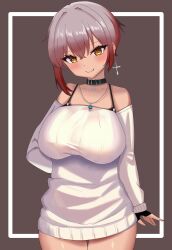 1girl absurdres arm_behind_back belt belt_collar black_belt black_gloves blush breasts brown_eyes brown_hair closed_mouth collar collarbone commission dark-skinned_female dark_skin earrings face_piercing fingerless_gloves gloves gradient_hair grey_hair highres indie_virtual_youtuber jewelry large_breasts lip_piercing multicolored_hair ody_kishi piercing savii_(vtuber) single_earring skeb_commission smile solo sweater thigh_gap virtual_youtuber white_sweater