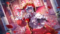 Rule 34 | 2girls, ascot, bat wings, blonde hair, blue hair, closed mouth, commentary, crossed legs, crystal, crystal wings, english commentary, falling petals, flandre scarlet, flower, hat, hat ribbon, highres, indoors, looking at viewer, mob cap, multiple girls, official art, open mouth, petals, red ascot, red carpet, red eyes, red flower, red petals, red rose, red skirt, red vest, remilia scarlet, ribbon, rose, second-party source, shoes, siblings, sisters, sitting on throne, skirt, smile, sparkle, stained glass, throne, touhou, touhou danmaku kagura, toutenkou, vest, white hat, wings, wrist cuffs