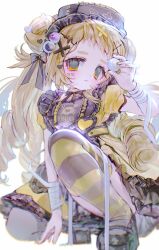 bandaged_arm bandages blonde_hair bow character_request copyright_request double_bun dress eyeball_hair_ornament eyelashes facial_tattoo hair_bow hair_bun highres holding_eyeball lolita_fashion pale_skin ringlets shoes squatting tareme tattoo thighhighs yamada_mipo yellow_eyes
