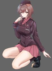 Rule 34 | 1girl, absurdres, black coat, black footwear, black hat, black socks, brown eyes, brown hair, closed mouth, coat, collared shirt, commentary request, garrison cap, girls und panzer, grey background, hair between eyes, hat, highres, kuromorimine military uniform, long sleeves, looking at viewer, military hat, military uniform, miniskirt, nishizumi maho, pink skirt, pleated skirt, red shirt, shirt, short hair, simple background, skirt, socks, solo, squatting, thighs, zaofeng