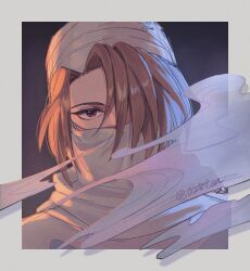 1girl border brown_hair commentary grey_border hair_over_one_eye highres nintendo otton portrait red_eyes scarf scarf_over_mouth sheik smoke solo the_legend_of_zelda the_legend_of_zelda:_ocarina_of_time white_scarf