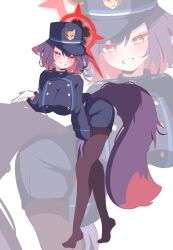 1girl absurdres alternate_costume alternate_hair_length alternate_hairstyle amebrew animal_ear_fluff animal_ears bent_over black_hair black_pantyhose blue_archive blue_hat blue_jacket blue_shorts blush colored_inner_hair cosplay fox_ears fox_girl fox_tail gloves grin hand_on_own_thigh hat highres jacket multicolored_hair no_shoes nozomi_(blue_archive) nozomi_(blue_archive)_(cosplay) pantyhose red_hair shorts smile solo tail two-tone_hair wakamo_(blue_archive) white_gloves zoom_layer