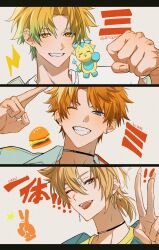 Rule 34 | 3boys, ;d, aqua hair, black choker, blue eyes, blue jacket, brown eyes, brown hair, burger, character name, choker, clenched hand, collared shirt, ear piercing, earrings, eyeshadow, fangs, fingernails, food, fushimi gaku, gradient hair, grey background, grin, hair between eyes, hand up, hashtag-only commentary, highres, jacket, jewelry, jing (0r1 4), kirin-chan (usami rito), kitami yusei, letterboxed, lightning bolt symbol, long fingernails, long hair, looking at viewer, low ponytail, makeup, male focus, mole, mole under eye, multicolored eyes, multicolored hair, multiple boys, necklace, nijisanji, one eye closed, open mouth, orange eyes, orange hair, parted bangs, piercing, pink eyes, ponytail, red eyeshadow, sharp fingernails, shirt, short hair, single earring, smile, star (symbol), teeth, upper body, upper teeth only, usami rito, v, virtual youtuber, white shirt, yellow shirt