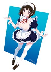 1girl apron black_dress blush breasts brown_hair cleavage dress hibike!_euphonium highres kotomozou large_breasts looking_at_viewer maid maid_apron maid_headdress mole mole_under_eye nakaseko_kaori red_ribbon ribbon short_hair smile solo thighhighs white_apron white_thighhighs wrist_cuffs