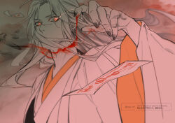 1boy bishounen black_nails bleeding blood blood_on_hands chinese_clothes coat colored_smoke covered_mouth eyelashes fighting_stance fingernails floating_hair glowing glowing_eye hair_down hair_over_mouth half_updo hanfu long_fingernails long_hair long_sleeves looking_at_viewer male_focus modao_zushi monochrome nail_polish official_alternate_costume official_alternate_hairstyle ofuda red_eyes red_theme red_trim robe shade smoke solo spot_color talisman twitter_username upper_body watermark wei_wuxian wei_wuxian_(yiling_laozu) wide_sleeves ykmr_(haga)