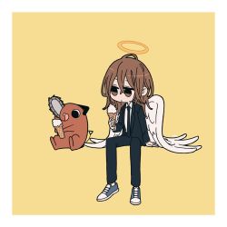 1boy angel angel_devil_(chainsaw_man) angel_wings black_jacket black_necktie black_pants brown_hair chainsaw chainsaw_man collared_shirt eating expressionless food formal_clothes hair_between_eyes halo highres holding holding_food hybrid ice_cream jacket kimoto624 long_hair looking_at_another necktie pants pochita_(chainsaw_man) shirt simple_background sitting suit white_shirt white_wings wings yellow_background