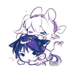 &gt;_&lt; 1boy 1girl animal_ears cat_boy cat_ears cat_tail chibi closed_eyes fluff genshin_impact hair_between_eyes hair_ornament kyudred leaf leaf_hair_ornament long_hair lying monochrome mouse_ears mouse_girl mouse_tail nahida_(genshin_impact) on_stomach open_mouth pointy_ears riding scaramouche_(genshin_impact) side_ponytail sidelocks sitting sitting_on_person sketch solid_circle_eyes tail v-shaped_eyebrows white_background