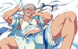 Rule 34 | 1boy, absurdres, animal ears, bara, beard, biting, blush, bulge, cat ears, cat tail, check copyright, copyright request, crotch, facial hair, fake animal ears, feet out of frame, biting finger, grey hair, highres, kito (clamp5656), lifeguard, looking at viewer, lying, male focus, male swimwear, mature male, midriff peek, muscular, muscular male, on back, on bed, open clothes, open shirt, original, pectorals, presenting, short hair, sideburns, sidepec, solo, spread legs, swim trunks, tail, tank top, thick thighs, thighs, whistle, whistle around neck, white male swimwear, white tank top
