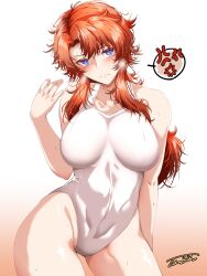 1girl blue_eyes blush breasts closed_mouth curly_hair dragon_quest dragon_quest_vii groin highres large_breasts long_hair looking_at_viewer maribel_(dq7) one-piece_swimsuit red_hair solo sweat swimsuit tgxx3300 white_one-piece_swimsuit