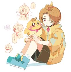 Rule 34 | 1boy, 1girl, ahoge, bird, blue footwear, blush stickers, brown hair, brown shorts, closed mouth, cradle, crying, dual persona, ellee-chan, hair over one eye, highres, hirogaru sky! precure, male focus, necktie, precure, red eyes, red necktie, shiobara (31shiobara), short sleeves, shorts, simple background, sitting, socks, two side up, white background, yuunagi tsubasa, yuunagi tsubasa (bird)