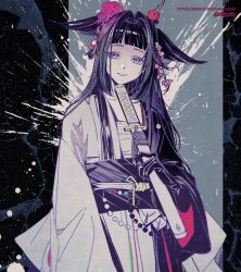 1girl arknights baizhu772 black_hair black_kimono blue_eyes hair_intakes hair_ornament hair_wings highres japanese_clothes kimono long_hair long_sleeves looking_at_viewer mio_(arknights) obi obiage obijime sarashi sash short_sword solo sword two-tone_kimono watermark weapon web_address white_kimono