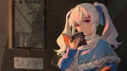 1girl absurdres artist_request blue_bow blue_capelet book bow capelet commission frilled_capelet frills hair_between_eyes hair_bow hair_ornament hair_ribbon hammer_and_sickle highres holding holding_book indie_virtual_youtuber long_hair long_sleeves looking_at_viewer lucca_project metro_2033 multicolored_hair open_book parted_lips pink_eyes pink_hair ribbon sasha_krik scarf second-party_source solo streaked_hair twintails upper_body white_hair white_scarf