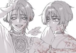 ... 3boys arm_up armor bishounen blood blood_in_hair blood_on_clothes blood_on_face blunt_ends bodysuit choppy_bangs closed_mouth covering_own_mouth disembodied_head expressionless fangs fingernails genshin_impact greyscale hacwss hair_intakes hair_pulled_back hand_on_own_head hand_over_own_mouth hands_up hat highres japanese_armor japanese_clothes jewelry jingasa kariginu kimono kote looking_at_another looking_at_viewer mandarin_collar mitsudomoe_(shape) monochrome multiple_boys multiple_persona neck_ring rope scaramouche_(genshin_impact) scaramouche_(kabukimono)_(genshin_impact) shimenawa sketch sleeves_past_fingers sleeves_past_wrists speech_bubble spoken_ellipsis spot_color teeth tomoe_(symbol) tongue tongue_out tsurime upper_teeth_only wanderer_(genshin_impact) white_background