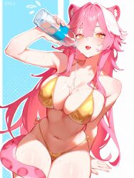 1girl animal_ear_fluff animal_ears arm_support bare_arms bare_shoulders bikini blue_background blush bottle breasts chui_art cleavage commentary english_commentary gold_bikini golden_week_bikini hair_between_eyes hair_intakes highleg highleg_bikini highres holding holding_bottle hololive hololive_english large_breasts long_hair looking_at_viewer multicolored_hair navel open_mouth panther_ears panther_girl panther_tail pink_hair plastic_bottle pouring pouring_onto_self raora_panthera side-tie_bikini_bottom sitting solo streaked_hair string_bikini swimsuit tail tongue tongue_out two-tone_background two-tone_hair very_long_hair virtual_youtuber water water_bottle white_background white_hair yellow_eyes