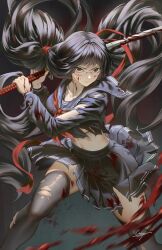 Rule 34 | 1girl, absurdres, black hair, black thighhighs, blood, blood-c, blood on face, glasses, highres, holding, holding sword, holding weapon, katana, kisaragi saya, long hair, looking at viewer, pleated skirt, qinyi chinyi, red eyes, red ribbon, ribbon, school uniform, serious, signature, skirt, solo, sword, thighhighs, torn clothes, torn thighhighs, twintails, weapon