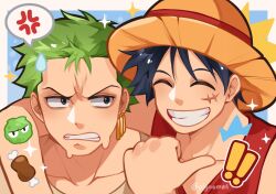 ! !! 2boys alynomali anger_vein arm_around_neck black_hair boned_meat clenched_teeth closed_eyes collarbone commentary earrings facial_scar food gold_earrings green_hair grin hat highres jewelry meat monkey_d._luffy multiple_boys one_piece outside_border red_vest roronoa_zoro scar scar_on_cheek scar_on_face shirt short_hair smile sparkle spoken_anger_vein straw_hat sweat sweatdrop teeth twitter_username upper_body vest white_shirt