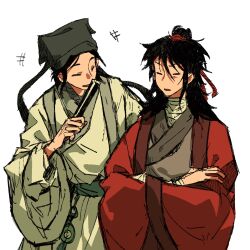 Rule 34 | +++, 2boys, ^ ^, bandaged arm, bandaged neck, bandages, black hair, black hanfu, black hat, chinese clothes, chinese commentary, closed eyes, coat, crossed arms, dao gui yi xian, folded fan, folding fan, hair bun, hair ribbon, hand fan, hanfu, hat, hat ribbon, highres, holding, holding fan, jin (headwear), laughing, li huowang, long hair, long sleeves, looking at another, male focus, messy hair, multiple boys, open mouth, red coat, red ribbon, ribbon, robe, simple background, single hair bun, sketch, smile, standing, white background, white coat, white hanfu, wide sleeves, yaoi, yaopei, yuexuaier, zhouzi jin (headwear), zhuge yuan
