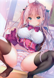 1girl absurdres antenna_hair arm_support black_bow blue_eyes blush bow bow_panties breasts breasts_apart cameltoe closed_mouth clothes_lift covered_erect_nipples fingernails flashing hair_between_eyes hair_bow highres kino_(kino_konomi) large_breasts lifting_own_clothes long_fingernails long_hair long_sleeves looking_at_viewer melonbooks miniskirt nail_polish nipples non-web_source original panties photoshop_(medium) pink_nails pleated_skirt reclining red_hair red_skirt school_uniform shirt skirt skirt_lift smile solo spread_legs squatting striped_clothes striped_panties thighhighs twintails underwear very_long_hair white_panties