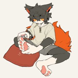 1boy aak_(arknights) arknights barefoot claws colored_sclera furry furry_male grey_pants highres komainu_boy komainu_ears komainu_tail male_focus milkybot nail_file pants pawpads pet_nail_clippers pillow shirt slit_pupils white_background white_shirt yellow_sclera
