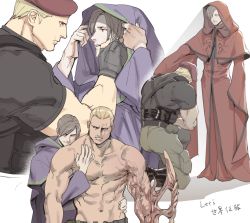 Rule 34 | 2boys, abs, bara, beret, black gloves, blonde hair, boots, brown hair, closed eyes, couple, evil smile, fingerless gloves, gloves, green pants, hand on another&#039;s face, hat, hood, hood down, hood up, hooded robe, jack krauser, kneeling, large pectorals, leon s. kennedy, multiple boys, muscular, muscular male, navel, pants, pectorals, purple robe, red robe, resident evil, resident evil: the darkside chronicles, resident evil 4, robe, scar, scar on face, scar on mouth, short hair, smile, tatsumi (psmhbpiuczn), topless male, yaoi