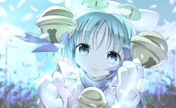 1girl animal_hat anzu_yoshihiro apron bell blue_eyes blurry blurry_background cat_hat closed_mouth dejiko di_gi_charat gloves glowing glowing_petals hat highres jingle_bell neck_bell outdoors petals short_hair smile solo