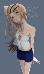 1girl akatsuki_(akatsukinotsuki) breasts brown_hair camisole collarbone colored_eyelashes commentary_request denim denim_shorts gakuen_idolmaster gradient_hair grey_hair highres idolmaster long_hair midriff multicolored_hair nape orange_eyes rope_belt shinosawa_hiro short_shorts shorts simple_background small_breasts solo strap_slip swept_bangs thighs translation_request very_long_hair white_camisole