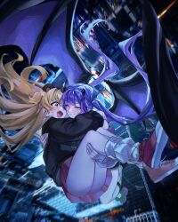 2girls absurdres animal_ears bear_ears blonde_hair blurry blurry_background blush brown_cardigan cardigan carrying cityscape commentary demon_girl demon_horns demon_tail demon_wings fake_animal_ears fang fishnet_thighhighs fishnets floating_hair flower flying green_eyes hair_flower hair_ornament hairclip hashtag-only_commentary highres hololive horns legzy looking_at_another loose_socks momosuzu_nene momosuzu_nene_(casual) multiple_girls nervous nervous_sweating night official_alternate_costume one_eye_closed open_mouth outdoors piercing pleated_skirt princess_carry purple_hair red_shoes red_skirt shoes single_thighhigh skirt smile socks sweat symbol-only_commentary tail tail_ornament tail_piercing thighhighs tokoyami_towa tokoyami_towa_(1st_costume) two_side_up upskirt virtual_youtuber white_socks wings yuri