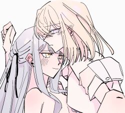 Rule 34 | 2girls, bang dream!, bang dream! it&#039;s mygo!!!!!, black ribbon, blonde hair, blue hair, blush, chinese commentary, closed mouth, commentary request, ear blush, hair ribbon, highres, kira reader, long hair, long sleeves, medium hair, misumi uika, multiple girls, purple eyes, ribbon, shirt, short sleeves, simple background, smile, togawa sakiko, two side up, white background, white shirt, yellow eyes, yuri