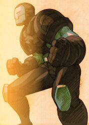 1boy armor bengus capcom clenched_hands facing_to_the_side game_cg grey_armor helmet highres iron_man_(series) male_focus marvel marvel_vs._capcom marvel_vs._capcom_2 non-web_source power_armor scan sidelighting simple_background solo superhero_costume war_machine