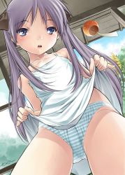 00s 1girl bad_anatomy bad_id bad_pixiv_id clothes_lift dress dress_lift female_focus flat_chest highres hiiragi_kagami jpeg_artifacts loli lucky_star panties poorly_drawn sekihan solo striped_clothes striped_panties underwear wind_chime