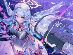 1girl angel_wings belt belt_pouch blue_archive blue_hair bow braid breasts bullet_hole crack cracked_glass debris energy gesoking green_eyes gun halo hat highres holding holding_gun holding_shield holding_weapon juliet_sleeves large_breasts long_hair long_sleeves mine_(blue_archive) nurse_cap pink_belt pointy_ears pouch puffy_sleeves riot_shield shield skirt twin_braids weapon white_skirt wings