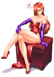1boy bare_shoulders cocktail_dress covered_navel crossdressing crossed_legs dress elbow_gloves eyeshadow genderswap genderswap_(ftm) gloves green_eyes hair_over_one_eye high_heels highres jessica_rabbit lipstick long_hair makeup male_focus mars_symbol purple_eyeshadow purple_gloves red_dress red_footwear red_hair red_lips side_slit sitting solo speech_bubble spoken_mars_symbol strapless strapless_dress suiren_ciao very_long_hair who_framed_roger_rabbit