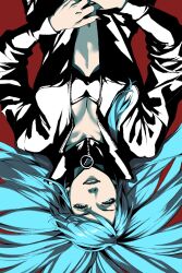 Rule 34 | 1girl, black lips, blue eyes, blue hair, breasts, center opening, cleavage, collarbone, devil summoner: soul hackers, devil summoner (series), hair spread out, highres, lipstick, long hair, looking at viewer, lying, macossa, makeup, nail polish, navel, nemissa, on back, pale skin, shin megami tensei, smile, solo, zipper