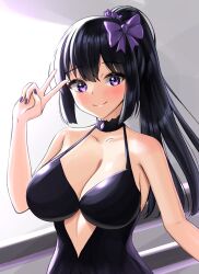 Rule 34 | 1girl, absurdres, black choker, black dress, black hair, blush, breasts, choker, cleavage, closed mouth, clothing cutout, dress, hibike! euphonium, high ponytail, highres, itacho (itasha draws), kousaka reina, large breasts, long hair, ponytail, purple eyes, purple nails, solo, upper body, v, very long hair