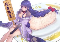 1girl absurdres blush braid breasts cleavage embarrassed flower genshin_impact hair_ornament highres holding japanese_clothes kimono koko_(koko67956359) large_breasts long_hair long_sleeves looking_at_viewer low-braided_long_hair low-tied_long_hair mole mole_under_eye nervous nervous_smile plate purple_eyes purple_hair raiden_shogun rice sign sitting smile solo sweat very_long_hair wavy_mouth