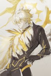 1boy alternate_form bare_pectorals blonde_hair colored_tips corruption double_halo fingerless_gloves furrowed_brow gloves hair_between_eyes halo hashtag-only_commentary highres honkai:_star_rail honkai_(series) injury khakha240478476 leaning_back looking_to_the_side male_focus material_growth multicolored_hair pectorals phainon_(honkai:_star_rail) serious shards short_hair simple_background sketch solo spiked_hair spiked_halo standing white_background white_hair yellow_halo