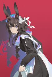 1girl absurdres amiya_(arknights) animal_ear_fluff animal_ears apron arknights black_dress blue_eyes bow braid braided_ponytail brown_hair closed_mouth dress frills from_side hair_between_eyes highres jiuxiaoshi long_hair long_sleeves looking_at_viewer maid maid_headdress rabbit_ears red_background simple_background solo very_long_hair white_apron white_bow