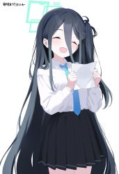 1girl :d ^_^ absurdres aqua_halo aris_(blue_archive) black_hair black_skirt blue_archive blue_necktie blush closed_eyes closed_mouth collared_shirt commentary_request cow halo highres holding holding_paper korean_commentary long_hair long_sleeves necktie open_mouth paper pleated_skirt potgit shirt skirt smile solo twitter_username very_long_hair white_shirt