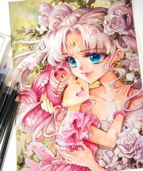 Rule 34 | 2girls, art tools in frame, bishoujo senshi sailor moon, blue eyes, breasts, chibi usa, cleavage, closed eyes, collarbone, crescent, crescent facial mark, dress, facial mark, hug, lips, long hair, multiple girls, nashi juni, neo queen serenity, ornate clothes, pink dress, pink hair, small lady serenity, smile, traditional media, tsukino usagi, white dress, white hair