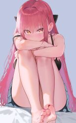 1girl absurdres bare_legs bare_shoulders barefoot black_bra blue_skirt bra convenient_leg covering_own_mouth feet grey_background hashtag-only_commentary heterochromia highres hololive houshou_marine knees_up long_hair looking_at_viewer miniskirt nail_polish pink_hair pleated_skirt reachisang red_eyes simple_background sitting skirt solo strap_slip string_bra thighs toenail_polish toenails toes underwear very_long_hair virtual_youtuber yellow_eyes