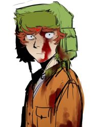 Rule 34 | 1boy, black eyes, blood, blood on clothes, blood on face, breast pocket, buttons, closed mouth, commentary, crazy eyes, english commentary, freckles, from side, green hat, hat, implied murder, jacket, kugai697139, kyle broflovski, long sleeves, male focus, orange hair, orange jacket, pocket, short hair, simple background, solo, south park, upper body, white background