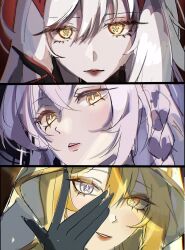 3girls arinyawa black_dress blonde_hair blue_eyes braid closed_mouth dress eyeshadow genshin_impact hair_between_eyes hand_on_own_face heterochromia highres hood istaroth_(genshin_impact) light_smile long_hair looking_at_viewer makeup multiple_girls orange_eyeshadow rhinedottir_(genshin_impact) ronova_(genshin_impact) veil white_hair white_veil yellow_eyes