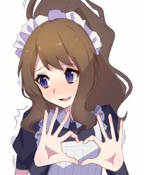 1girl absurdres alternate_costume apron averting_eyes blush brown_hair commentary_request heart heart_hands high_ponytail highres hilda_(pokemon) looking_to_the_side maid maid_apron maid_headdress nintendo open_mouth pokemon pokemon_bw ponytail simple_background siyu_mizu smile solo white_background