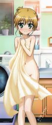 Rule 34 | 10s, 1girl, absurdres, blonde hair, blush, collarbone, copyright name, covering privates, dog days, eyebrows, female focus, flower pot, green eyes, groin, hair between eyes, highres, indoors, long image, mile, naked towel, navel, nude, nude cover, official art, plant, ponytail, potted plant, rebecca anderson, short hair, solo, tall image, toothbrush, towel, washbowl, washing machine