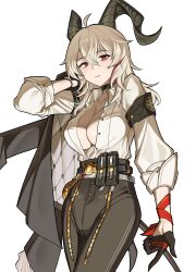 1girl absurdres ahoge bingsu black_choker black_gloves black_horns black_jacket black_pants black_tail breasts choker closed_mouth collared_shirt commentary cowboy_shot curly_hair gloves greyscale hair_between_eyes hashtag-only_commentary highres holding holding_jacket holding_unworn_clothes horns jacket large_breasts long_hair looking_at_viewer mole mole_under_eye monochrome multicolored_hair necktie necktie_around_wrists open_clothes open_shirt pants red_eyes red_necktie shirt shirt_tucked_in simple_background solo streaked_hair unworn_jacket white_background white_shirt wuthering_waves zani_(wuthering_waves)