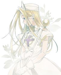 Rule 34 | 1girl, blonde hair, blue dress, commentary request, cowboy shot, cross, dress, earrings, floral background, gloves, hat, highres, holding, holding staff, jewelry, long bangs, long hair, looking to the side, macha (macha3635toa), mint adenade, nurse cap, parted bangs, profile, short sleeves, solo, staff, tales of (series), tales of phantasia, white gloves