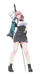 1girl absurdres amoemo black_gloves black_skirt breasts dress_shirt glasses gloves hair_between_eyes high-waist_skirt high_heels highres holding holding_polearm holding_weapon large_breasts long_hair naginata pencil_skirt pink_eyes pink_hair polearm pursed_lips shirt sidelocks skirt tsukishiro_yanagi weapon white_shirt zenless_zone_zero