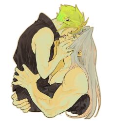 2boys black_pants black_vest blonde_hair brown_outline closed_eyes cloud_strife couple cropped_torso final_fantasy final_fantasy_vii final_fantasy_vii_advent_children half-closed_eyes hand_on_another&#039;s_ass hand_on_another&#039;s_cheek hand_on_another&#039;s_face hand_on_another&#039;s_waist highres imminent_kiss invisible_chair light_smile looking_at_another looking_up male_focus multiple_boys muscular muscular_male outline pants sephiroth short_hair simple_background sitting spiked_hair takaraxiao toned toned_male tongue tongue_out topless_male upper_body veins vest white_background yaoi